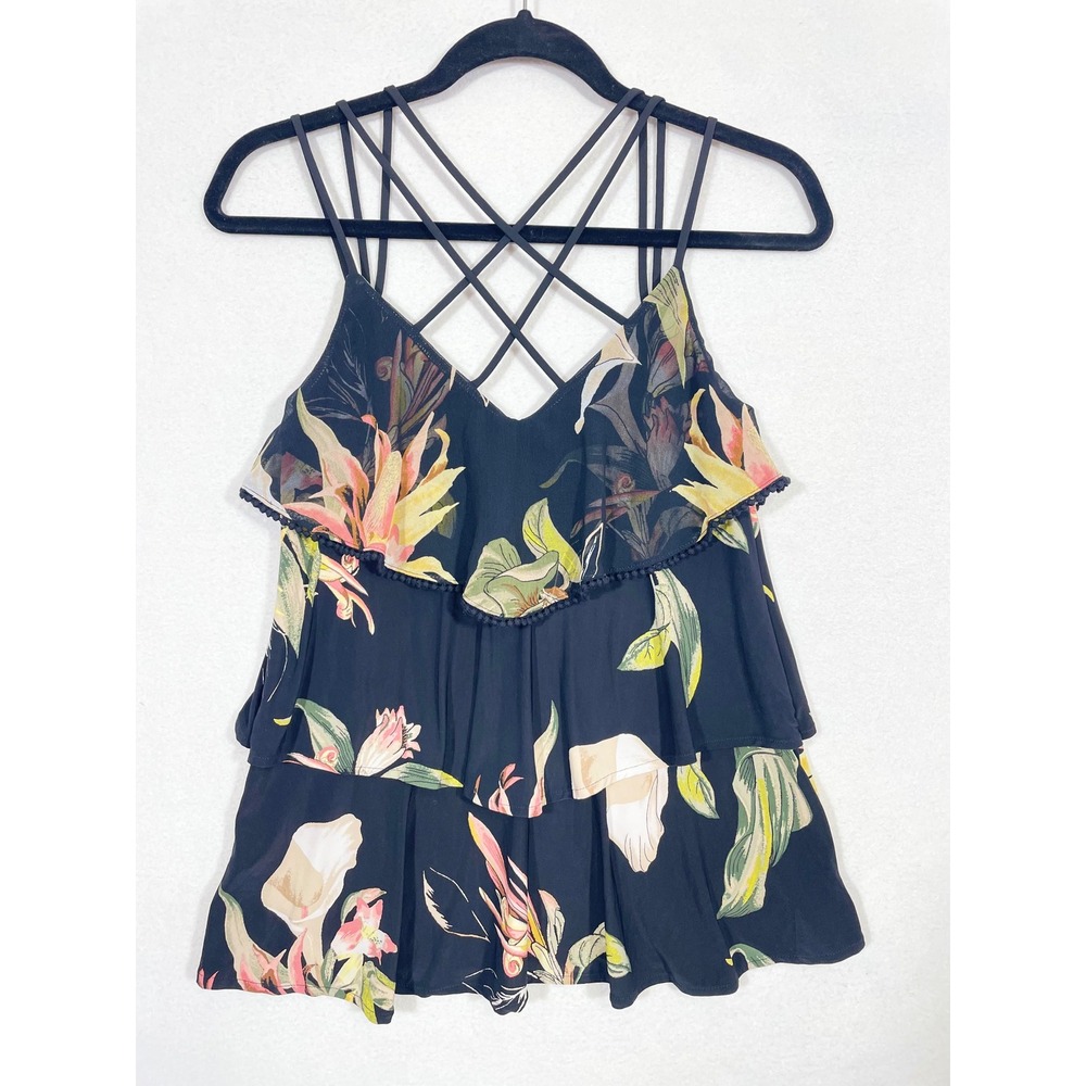 White House Black Market‎ Cami Women XS Black Floral Tiered Ruffle Strappy Back - Picture 5 of 7